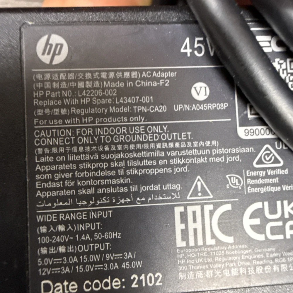 Genuine HP Laptop Charger AC Power Adapter L42206-002 L43407-001 USB-C 45W